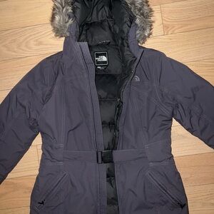 The North Face Women's Dark Purple Ski Jacket with Faux Fur Hood